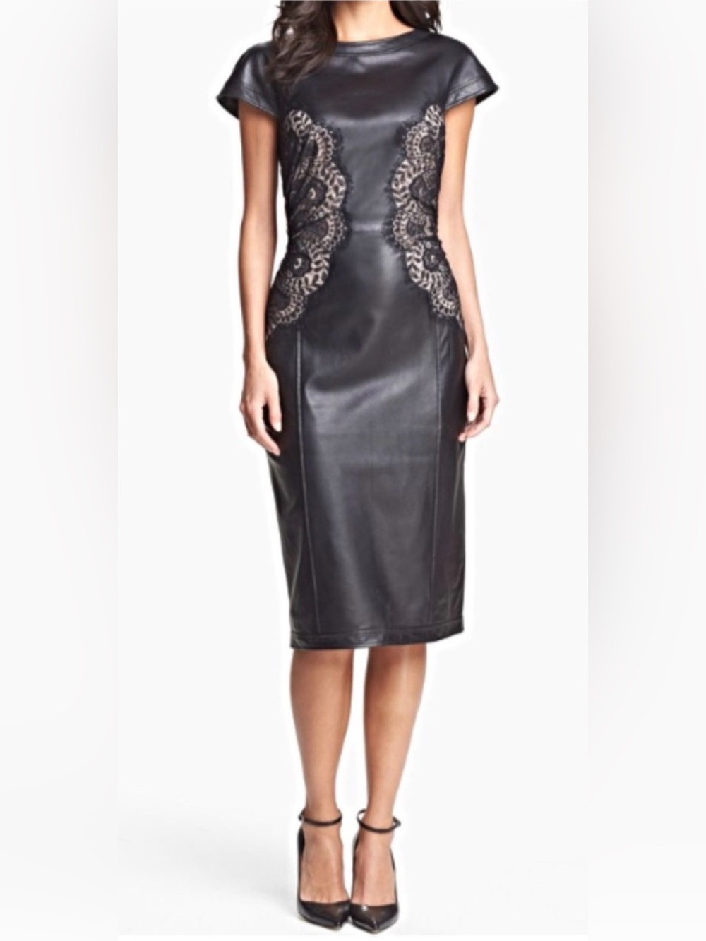 Tadashi Shoji Black Leather Lace Sheath Cocktail Dress Sz 12